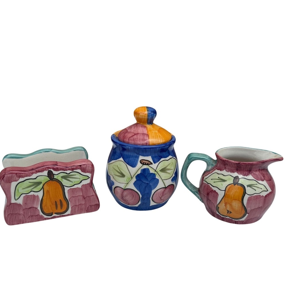 Guyroc Hand Painted Ceramic Sugar Bowl Creamer and Napkin Holder Fruit Set